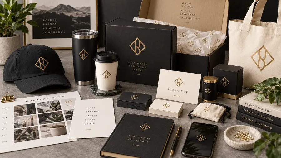A coordinated brand system displayed across packaging, cards, cups, hats and merchandise