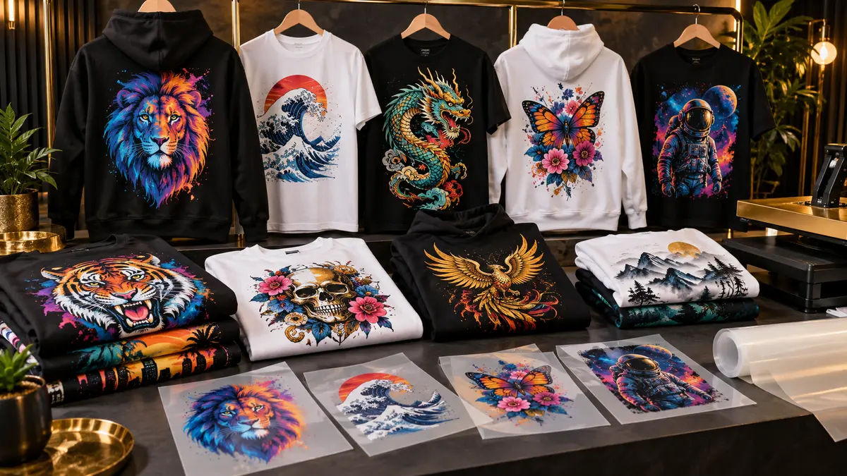 Colorful DTF printed shirts, hoodies and transfer sheets