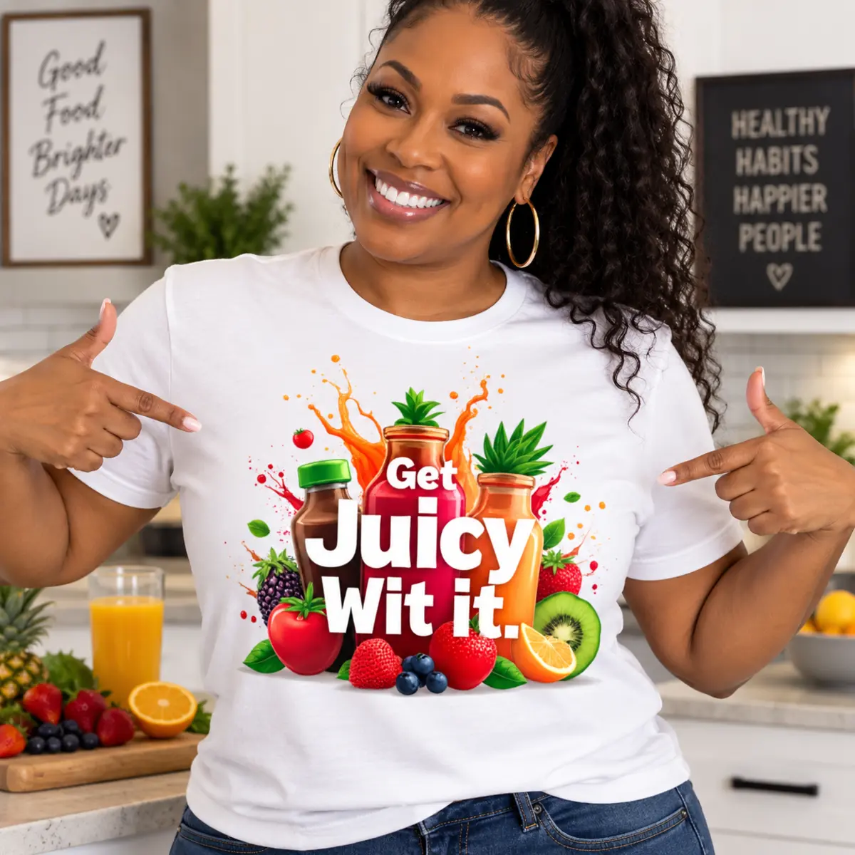 Woman wearing the white Get Juicy With It T-shirt